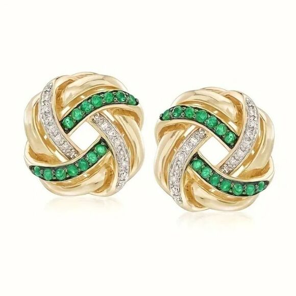 "Amelia" 14k Gold Plate Love Knot Studs, Emerald and Diamond Rhinestones - Picture 3 of 4